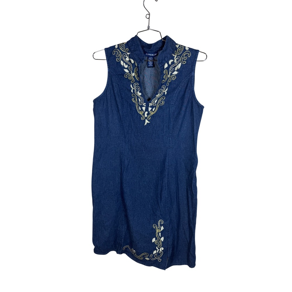 Vintage Forenza Blue Denim Embroidered Sleeveless Shift Dress Size L